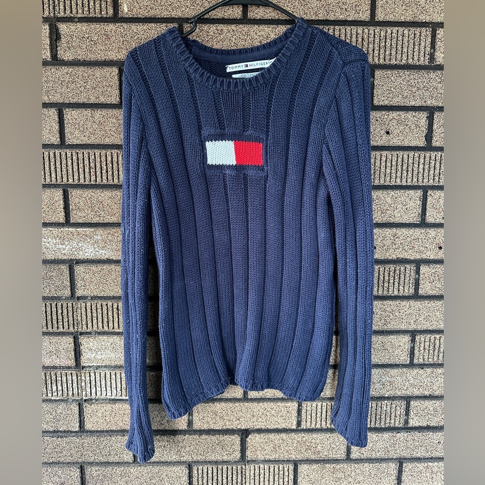 Vintage Tommy Hilfiger Flag Sweater Women’s Medium Navy Blue 2002